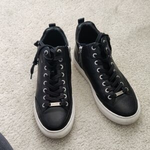 J/Slides Ludlow Black Leather Lace-Up Sneakers Side Zip Y2K Shabby Chic Sz 8.5